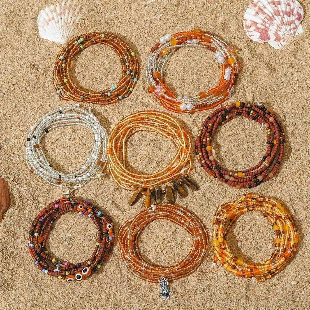 Tie-on African Waist Beads for Women Non Stretching 8Pcs Belly Beads Plus Size C
